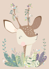 Cute vector illustration of beautiful deer standing in the leaves and flowers with decorated horns. Graphic drwaing animal poster for kids an nursery room. Wallpaper, poster, banner concept