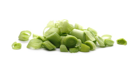 Fresh sliced leeks isolated on white background