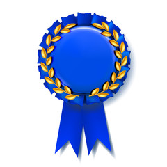 Blue Award Ribbon Vector. Best Trophy. Luxury Product. Object Template. 3D Realistic Illustration