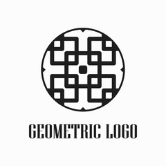 Round abstract geometric logo template design in art deco vintage style. Vector illustration.