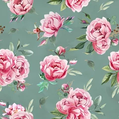 Behang Watercolor Seamless pattern of peony and blosom flowers isolate in green background for box, paper, fabric, textile © Kateryna