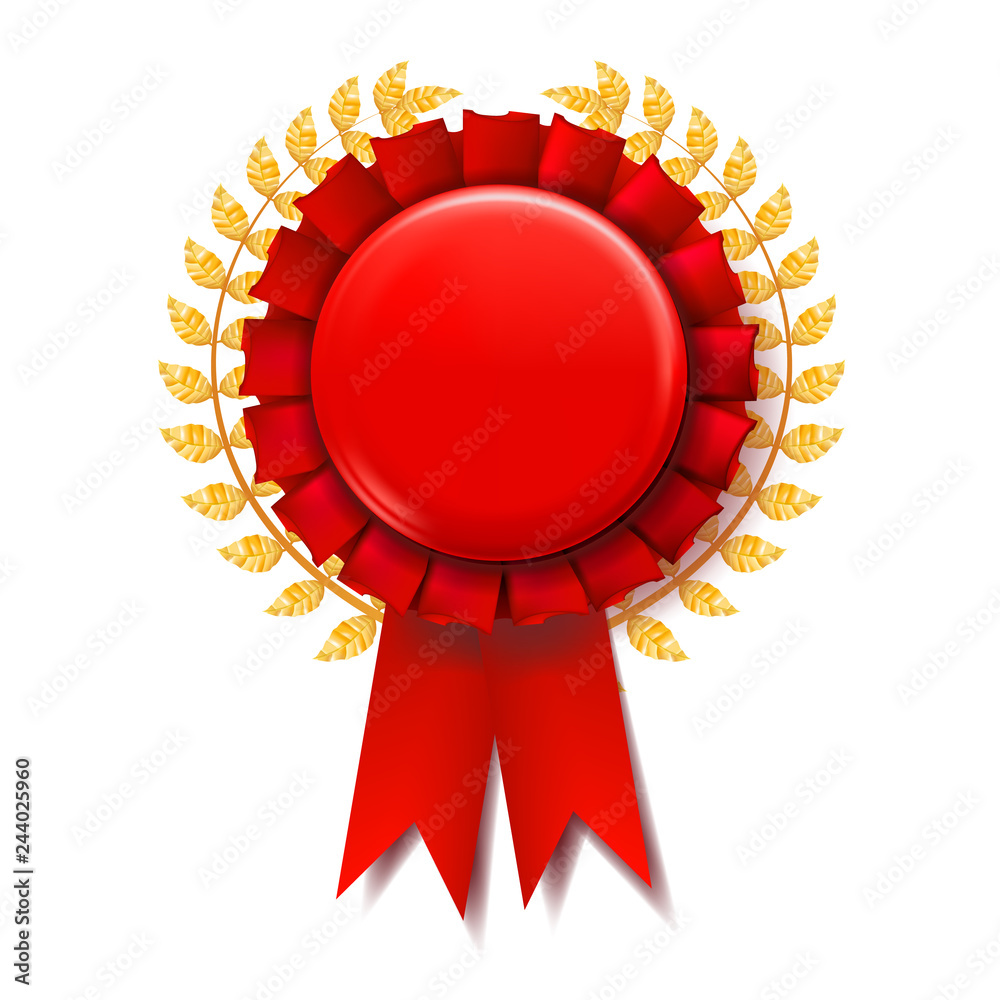 Sticker Red Award Ribbon Vector. Success Emblem. Promotion Brochure. Pesentation Win. 3D Realistic Illustration