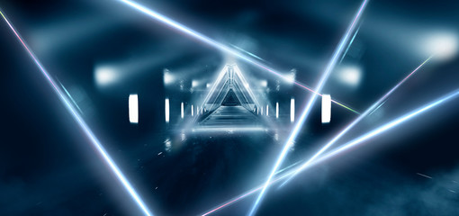 Fototapeta na wymiar   Abstract black tunnel with a light pyramid, neon triangle, smoke, wet asphalt, night view.