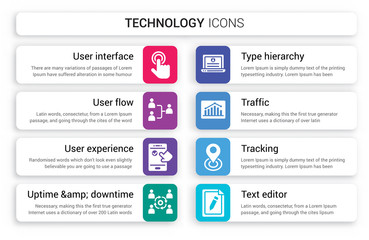 Set of 8 white technology icons such as User Interface, flow, Experience, Uptime &amp; downtime, Type hierarchy, Traffic isolated on colorful background