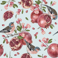 Cotton fabric Vector seamless pattern with birds on pomegranate