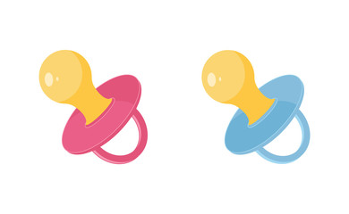 Baby pacifier vector illustration set - pink and blue newborn dummy for girls and boys in flat style.