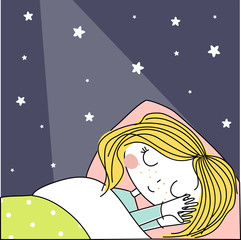 Vector illustration of dreaming girl sleep on soft pillow and blanket, health relaxation with closed eyes. Cute cartoon illustration of kid sleeping on the bed, good night concept. Nursery design.
