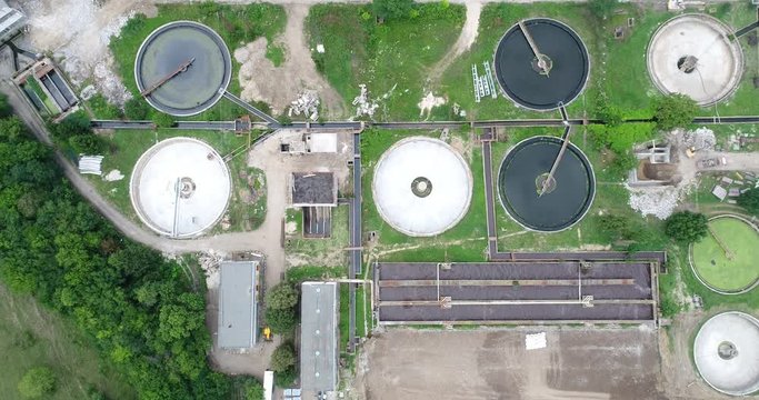 4k aerial footage of wastewater treatment plant.  Cleaning construction for a sewage treatment