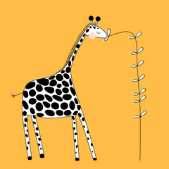 Vector nursery illustration of cute monochrome giraffe eating healthy leaves on a yellow background. Graphic elements for kids design. Greeting card, postcard, invitation, wall decor, poster.