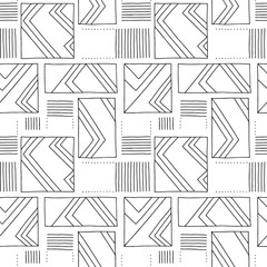 Seamless vector pattern. Black and white geometrical hand drawn background with rectangles, squares, lines. Print for background, wallpaper, packaging, wrapping, fabric.