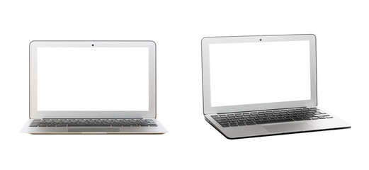 Modern silver laptop with blank screen isolated on white background. Front and side view.