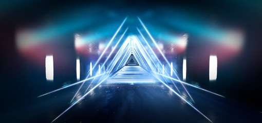  Abstract black tunnel with a light pyramid, neon triangle, smoke, wet asphalt, night view.