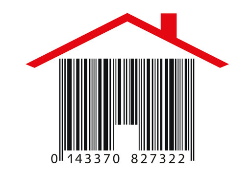 Concept of the acquisition of a property with a house in the shape of a bar code, symbol of consumption