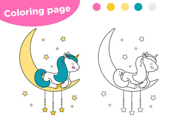 Coloring page for preschool kids. Cute cartoon unicorn is sleeping on the moon. Vector illustration.