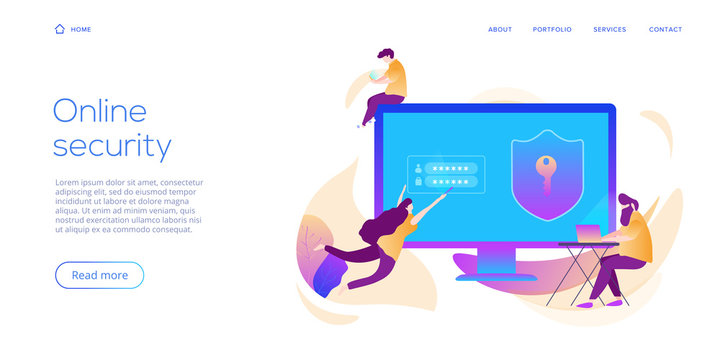 Personal data security in creative flat vector illustration. Online computer or mobile protection system concept. People making secure transfer or transaction with password via internet.