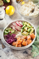 Poke bowl, traditional Hawaiian raw fish salad