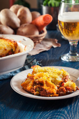 Portion of shepherd's pie or cottage pie on a plate