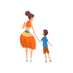 Mother holding her son by hand, back view, mother having a good time with her kid, happy family, parenting concept vector Illustration