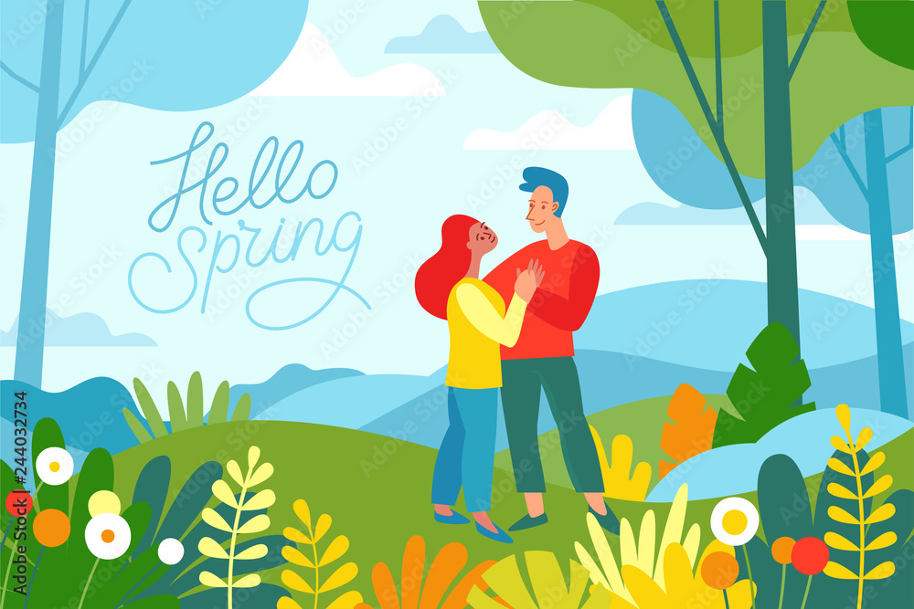 Poster Vector illustration in flat linear style - spring illustration - landscape illustration with two characters exploring forest