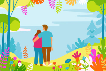 Vector illustration in flat linear style - spring illustration - landscape with happy man and woman