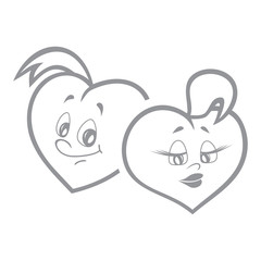 Vector illustration of loving couple of hearts. Fiery flame of love in the children's picture of the animation character. Monochrome.
