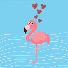 cute flamingo with hearts on blue background, vector illustration