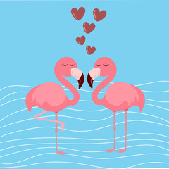 cute flamingo with hearts on blue background, vector illustration