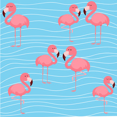 cute flamingo on blue background, vector illustration