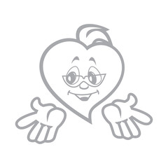 Vector illustration of the character heart boy terrible in sunglasses makes a helpless gesture. Fiery flame of love in the children's picture of the animation character. Monochrome.
