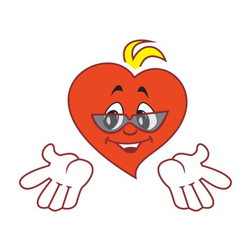 Vector illustration of the character heart boy terrible in sunglasses makes a helpless gesture. Fiery flame of love in the children's picture of the animation character. 