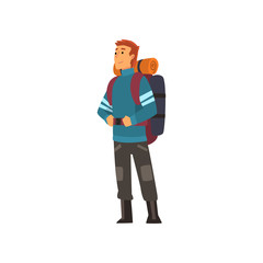 Man with backpack, hiking adventure travel, backpacking trip or expedition vector Illustration