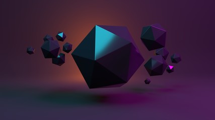 Black abstract shapes on a dark background. Polyhedrons. 3D Render/rendering