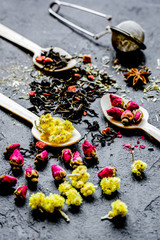 Spoons and herbs on grey background