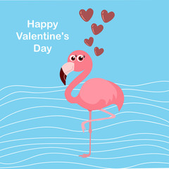 cute flamingo with hearts on blue background, vector illustration