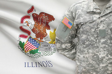 American soldier with US state flag on background - Illinois