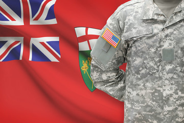 American soldier with Canadian province flag on background - Ontario