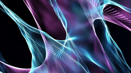 Naklejka premium Soaring fabric in space. 3d futuristic illustration. Digital landscape for presentations. Big data techno background. Digital illustration, abstract folded cloth, soaring fabric. 3D rendering.