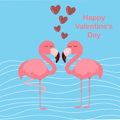 cute flamingo with hearts on blue background, vector illustration