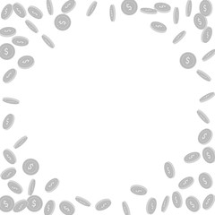 American dollar coins falling. Scattered black and