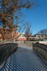 Bridge over the lake on a sunny winter day