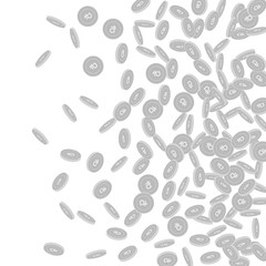 Russian ruble coins falling. Scattered black and w