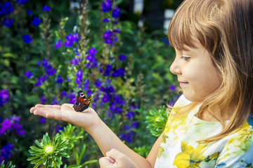 child with a butterfly in his hands. Selective focus.