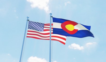 USA and state Colorado, two flags waving against blue sky. 3d image