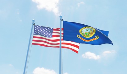 USA and state Idaho, two flags waving against blue sky. 3d image