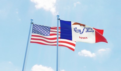 USA and state Iowa, two flags waving against blue sky. 3d image