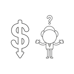 Vector confused businessman character with dollar moving down. Black outline.