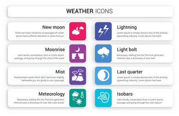 Set of 8 white weather icons such as New moon, Moonrise, Mist, meteorology, Lightning, Light bolt isolated on colorful background - obrazy, fototapety, plakaty