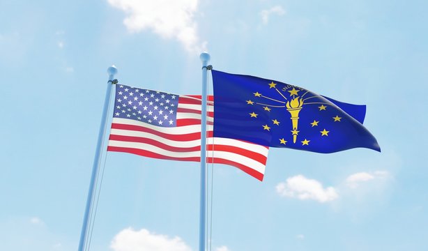 USA and state Indiana, two flags waving against blue sky. 3d image