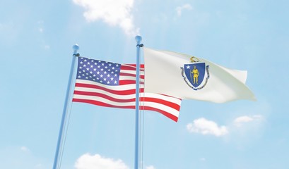 USA and state Massachusetts, two flags waving against blue sky. 3d image