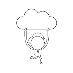 Vector illustration businessman character running and carrying cloud. Black outline.